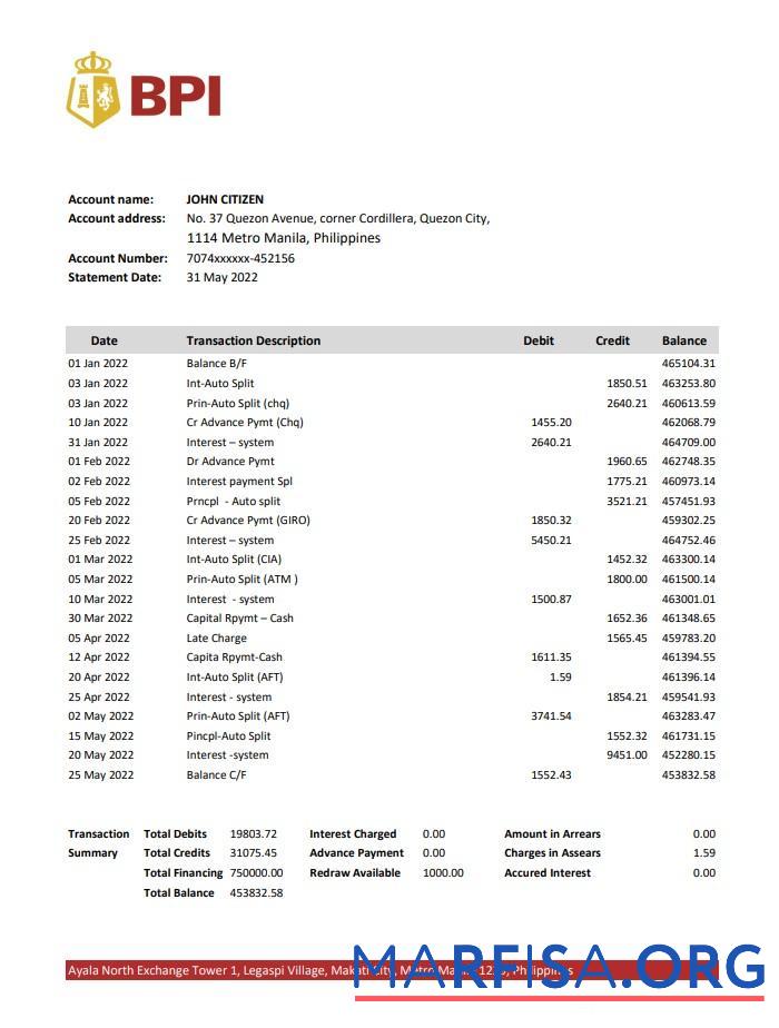 Printable Philippines Bank of the Philippine Islands bank statement excel sample